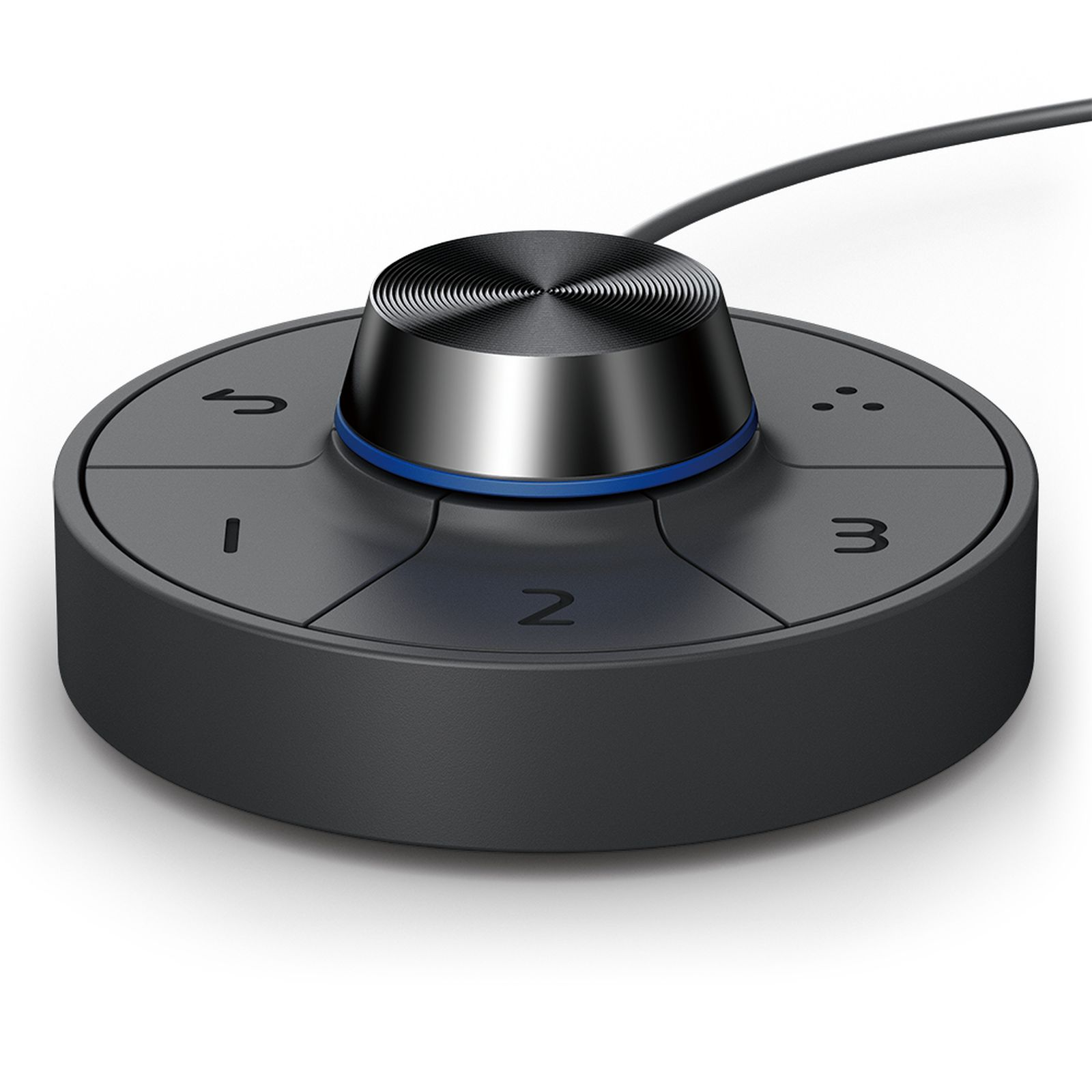 Czarny okrągły panel sterowania z 4 przyciskami i centralnym pokrętłem. Białe tło.