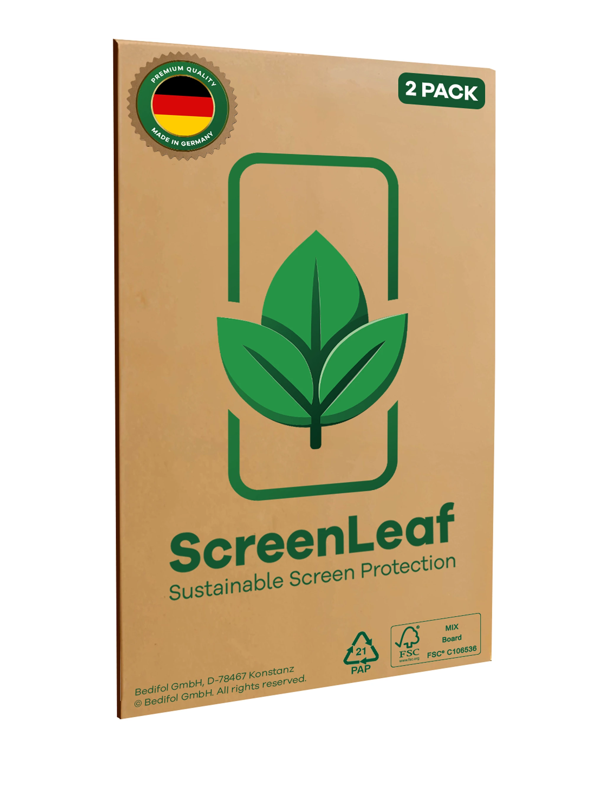 Kartonbox mit grünem Logo und dem Text 'ScreenLeaf', 'Sustainable Screen Protection'.