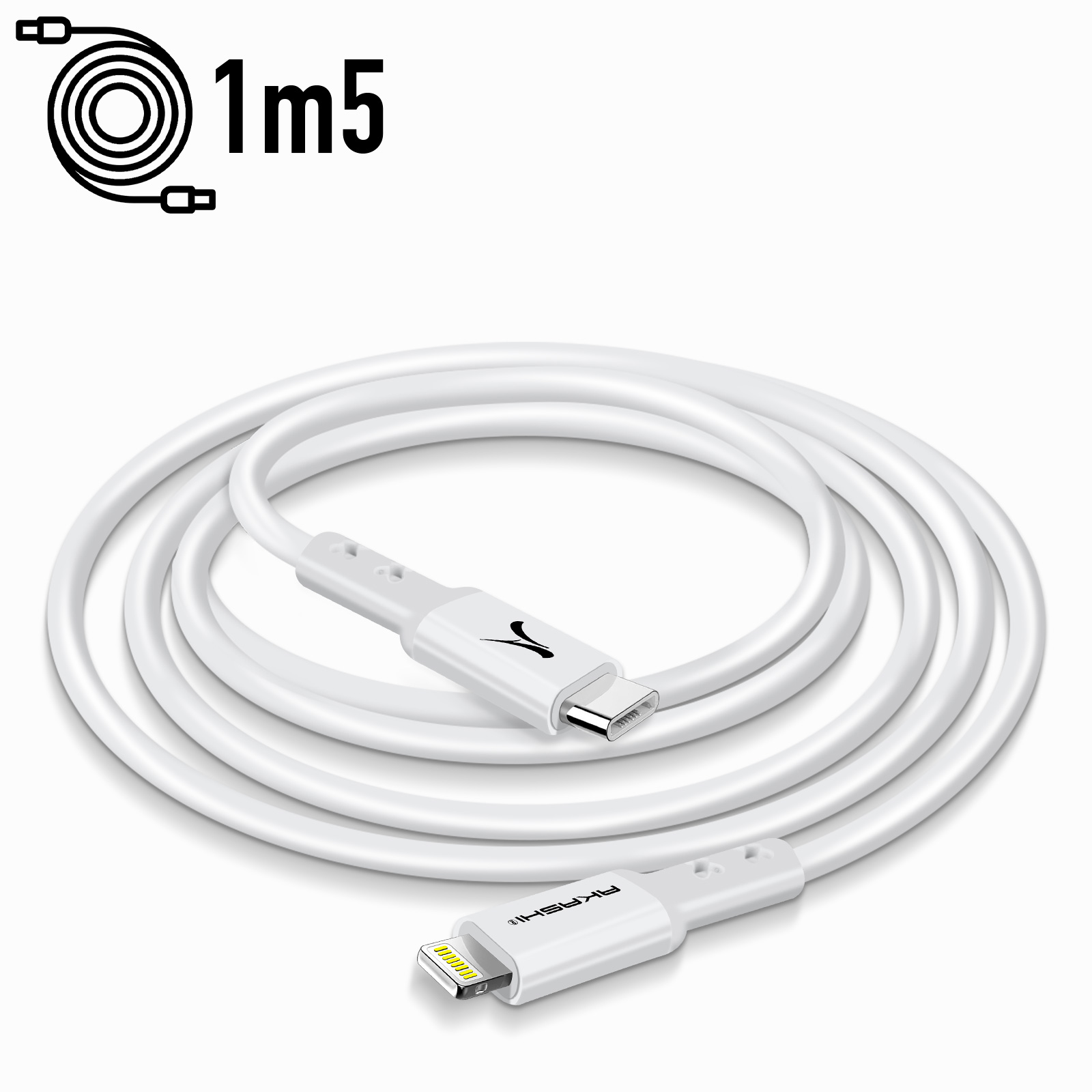 Cavo di ricarica bianco con connettore Lightning e USB-C, lungo 1m5.