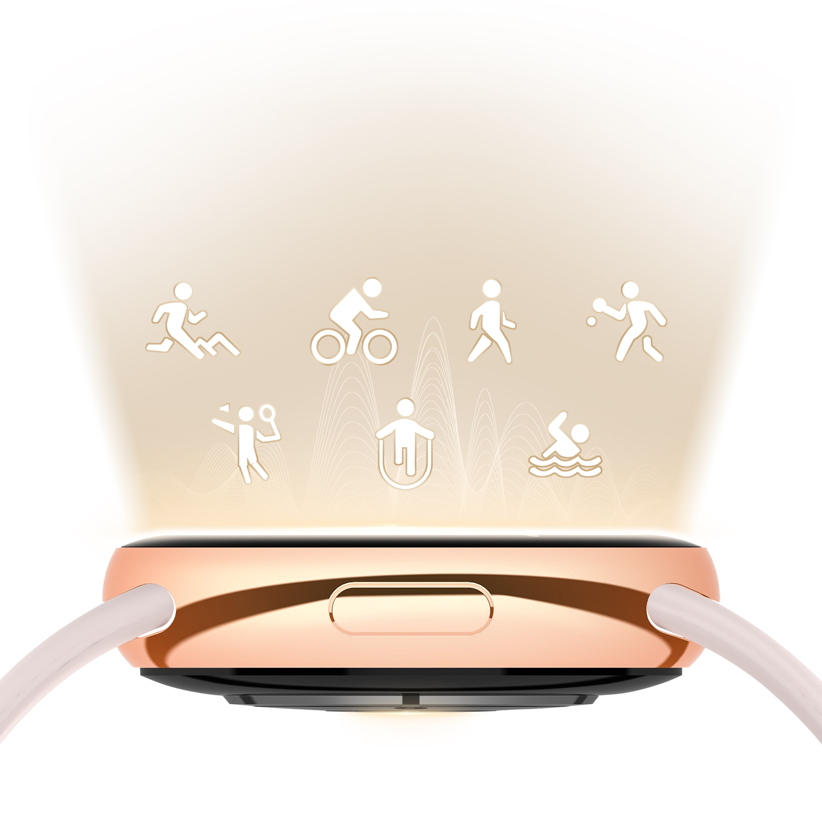 Zegarek smartwatch w kolorze różowego złota z ikonami aktywności promieniującymi z zegarka.