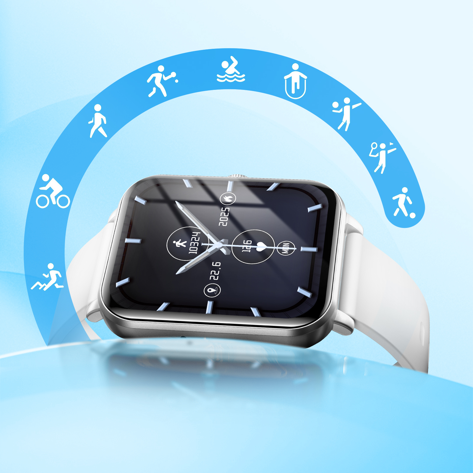 Biały smartwatch z czarnym ekranem. Ikony różnych aktywności sportowych otaczają zegarek.