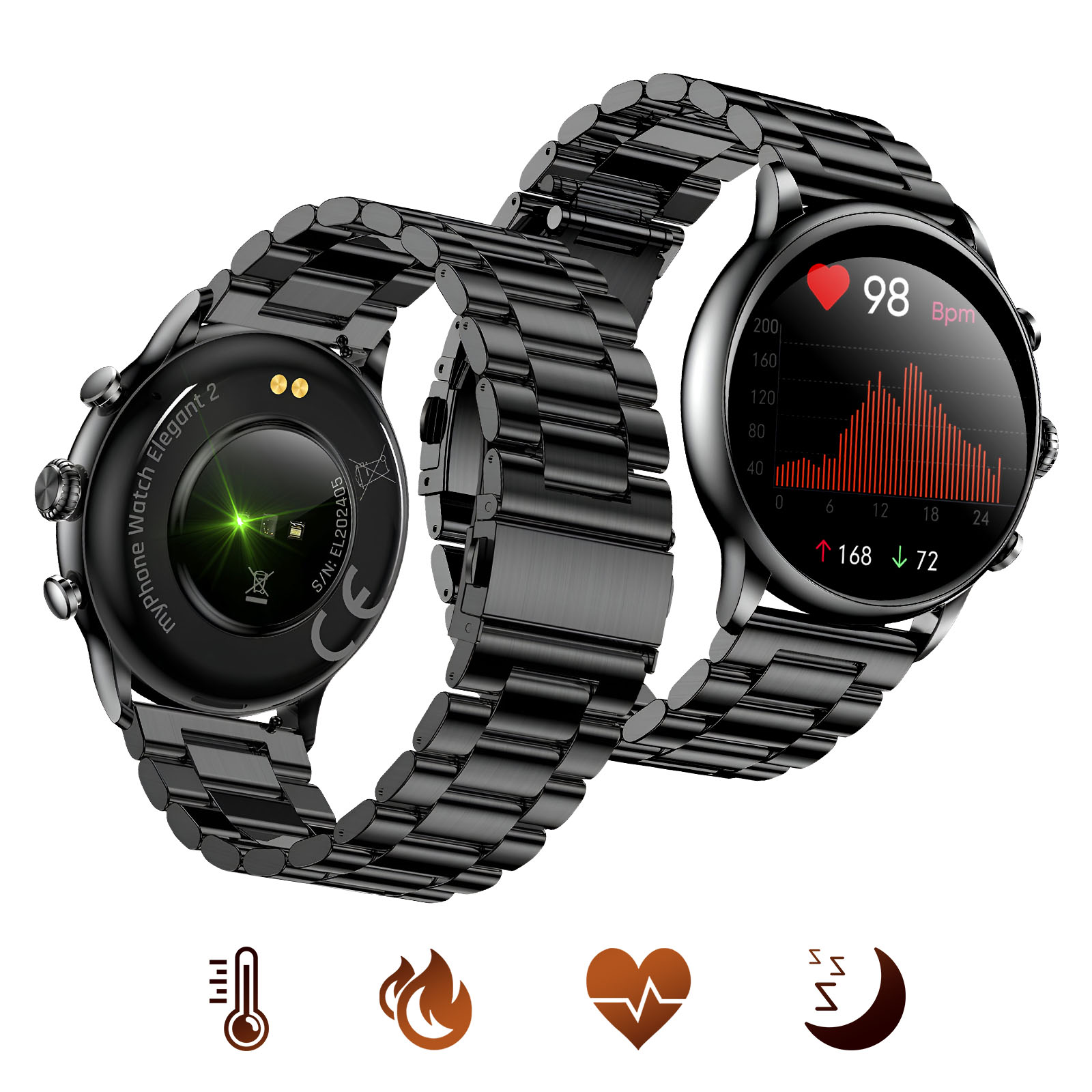 Dwa czarne smartwatche z metalowymi paskami. Jeden pokazuje dane dotyczące tętna, drugi jego tył.