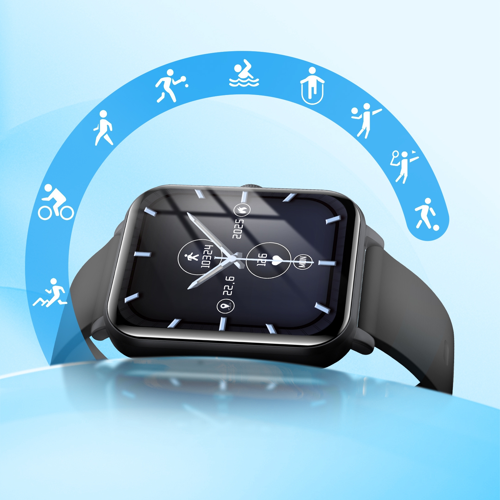 Czarny smartwatch z prostokątnym ekranem, wyświetlający godzinę i ikony aktywności.