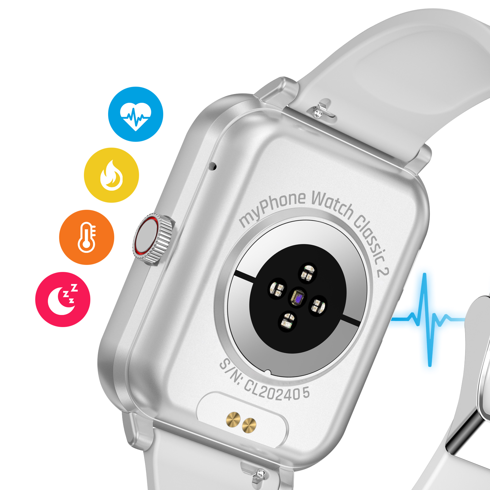 Zbliżenie smartwatcha z białym paskiem. Zegarek wyświetla symbole monitorowania zdrowia.