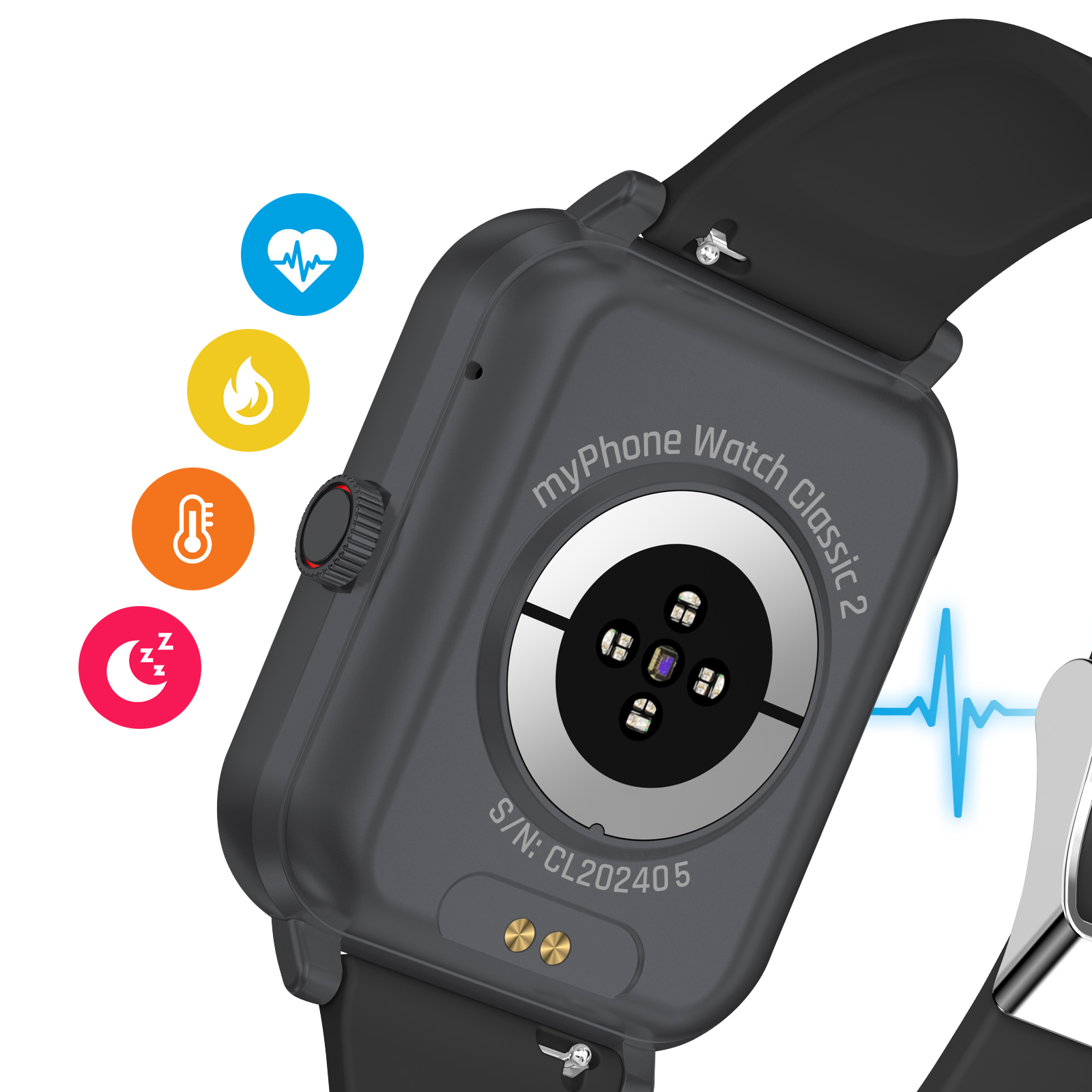 Czarny smartwatch z czarnym paskiem. Ma okrągły ekran i wiele ikon. Pokazuje tył.