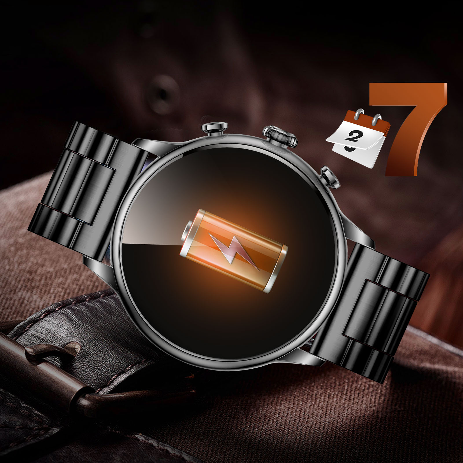 Smartwatch z czarnym paskiem, pokazujący ikonę baterii i kalendarz z numerem 7.