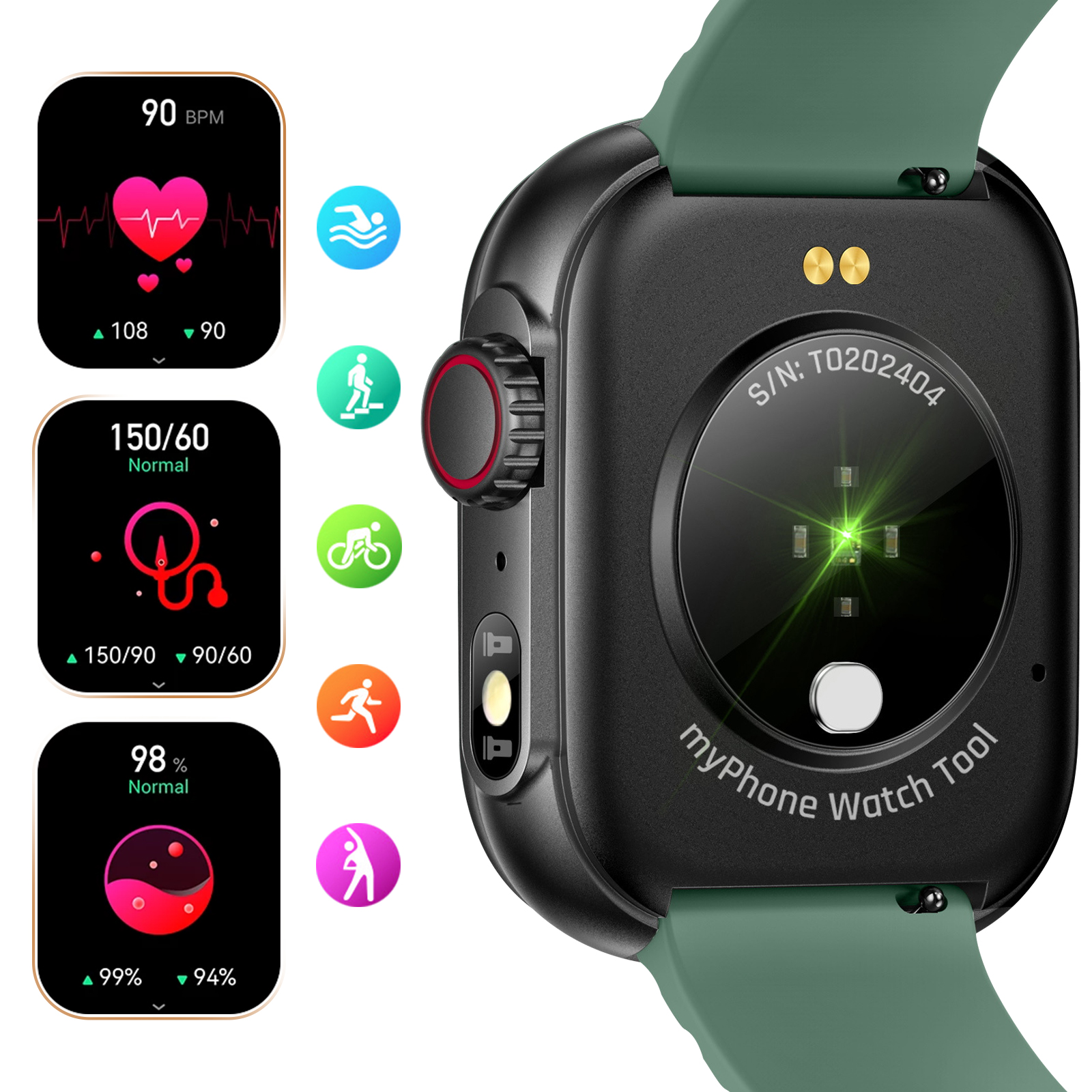 Parte trasera de un smartwatch mostrando métricas de frecuencia cardíaca, actividad y nivel de oxígeno en sangre. Correa verde.
