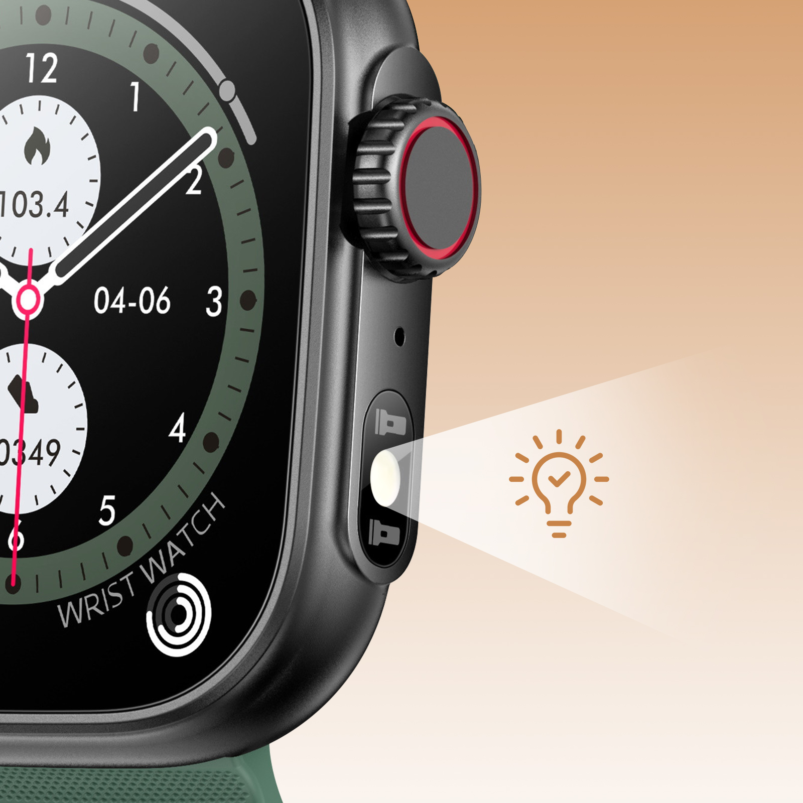 Primer plano de un reloj inteligente. Tiene una esfera oscura y una correa verde. Hay un icono de bombilla.