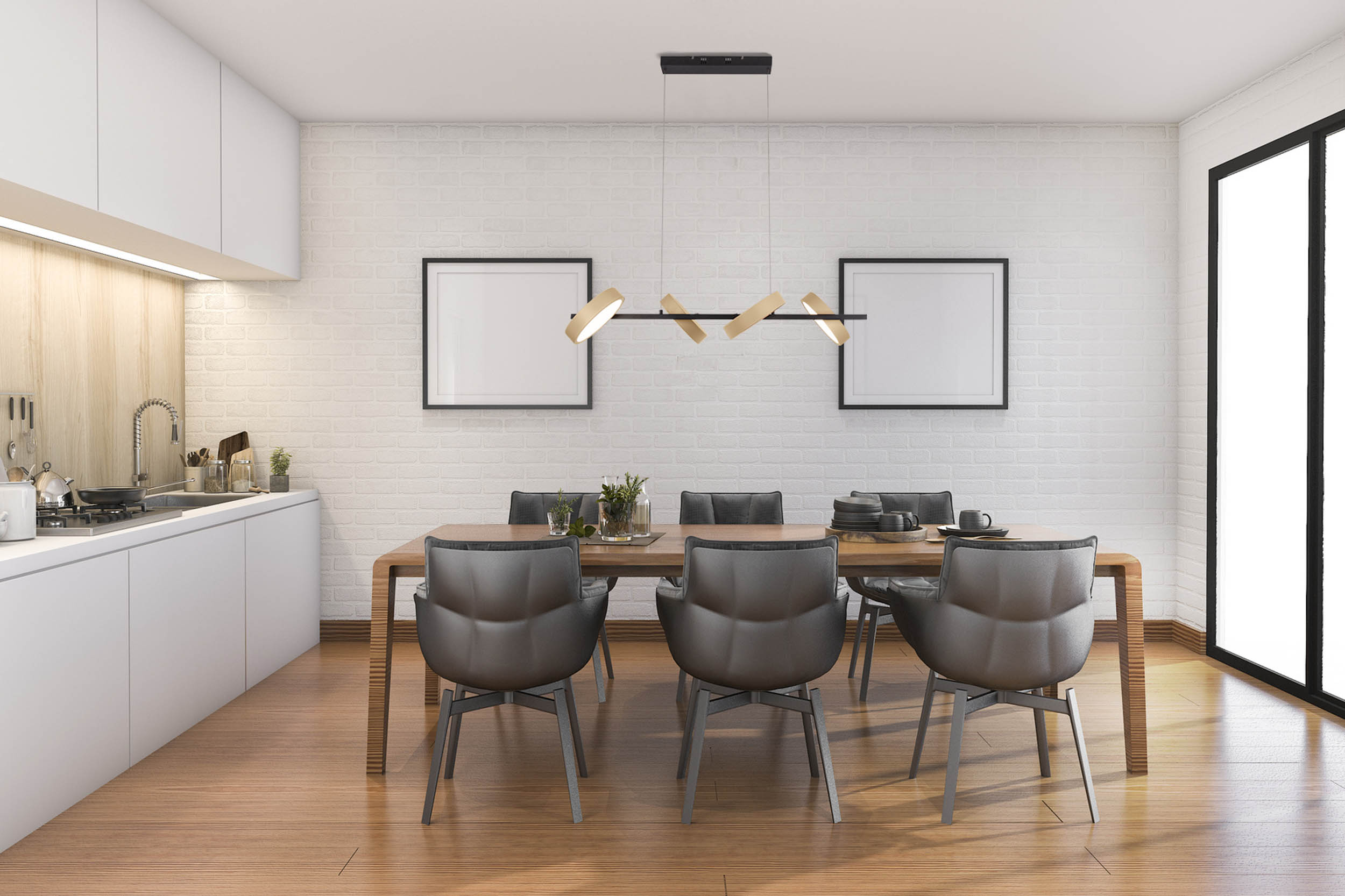 Ein Esszimmer mit Holztisch und Stühlen. Enthält eine weiße Küche und Kunstwerke.