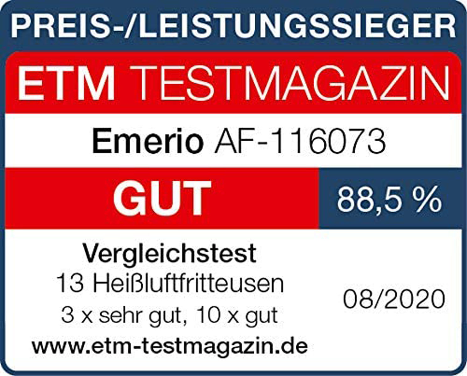 Testmagazin-Label mit Text und einem Prozentsatz, 88,5 %, mit einem Datum.