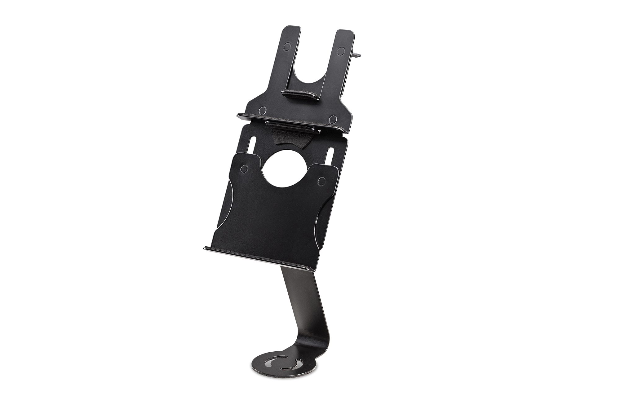 Un soporte de metal negro para sujetar dispositivos, sobre fondo blanco.