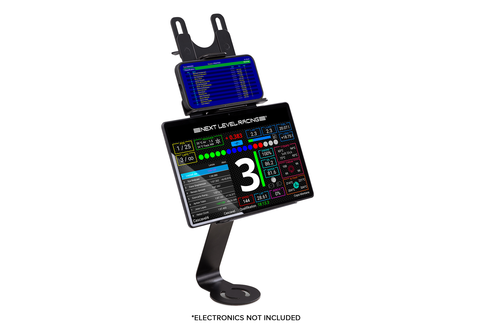 Configuración de simulador de carreras con pantalla de tableta y teléfono. Soporte negro, fondo blanco.