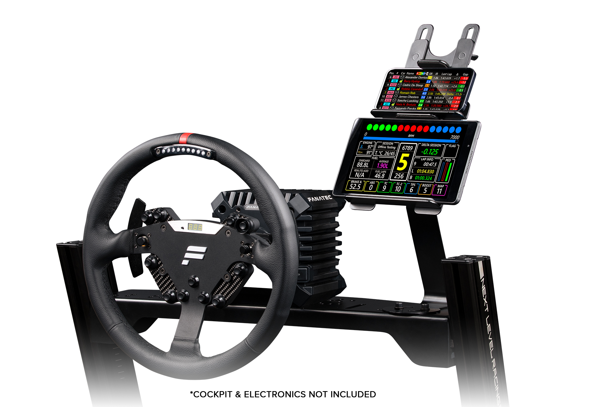 Configuración de simulación de carreras con volante, pantallas y soporte. Esquema de color negro y gris. Fondo blanco.