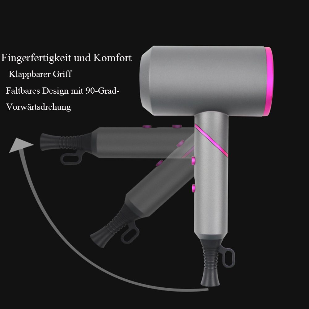 Ein silberner und pinkfarbener Haartrockner zeigt eine Faltfunktion, mit deutschem Text über Komfort und Design.