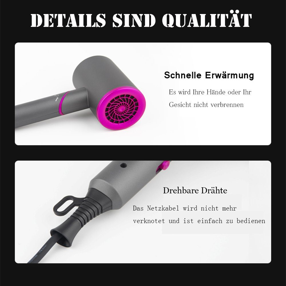 Haartrockner, grau und rosa, mit Text auf Deutsch.
