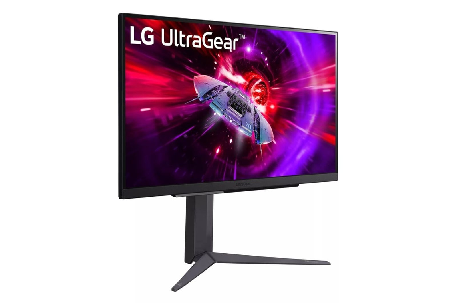 Monitor LG UltraGear z widokiem gry na ekranie i czarnym stojakiem.