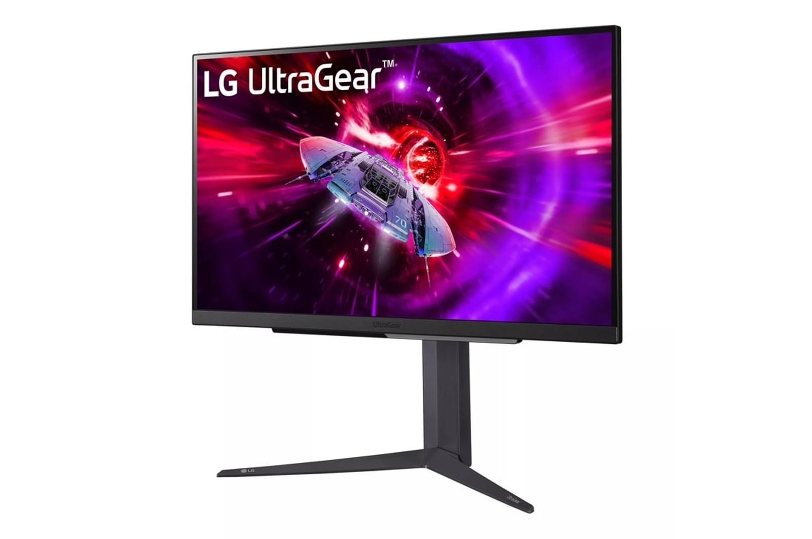 Monitor LG UltraGear wyświetla statek kosmiczny w kosmosie. Ma czarną podstawę. Tło jest fioletowe.
