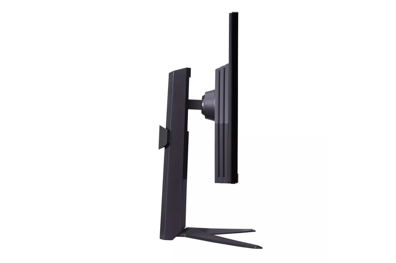Widok z boku czarnego monitora z ekranem, ze stojakiem i czarną ramką.