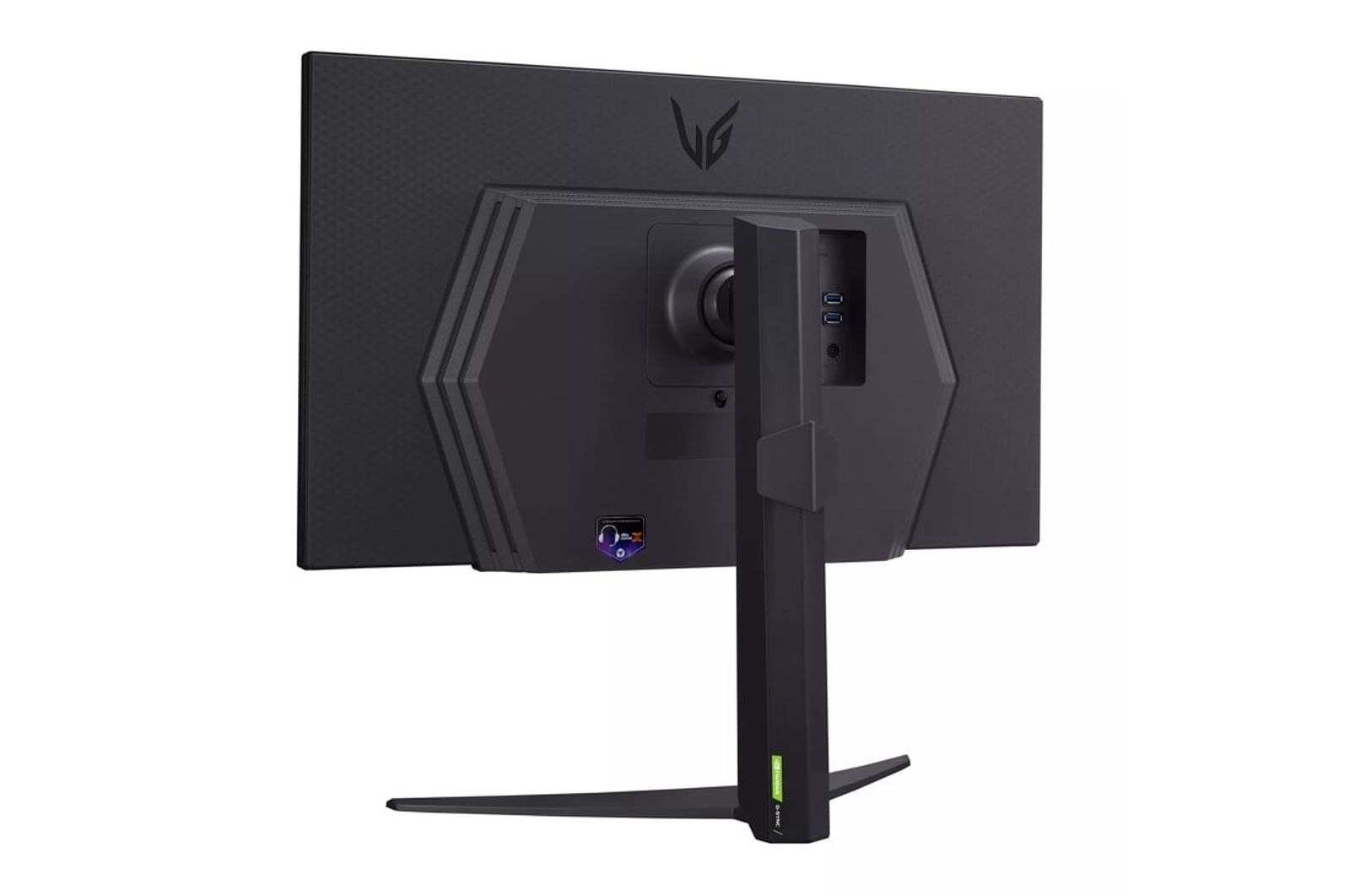 Widok z tyłu czarnego monitora ze stojakiem. Posiada zielony akcent na dole i porty.
