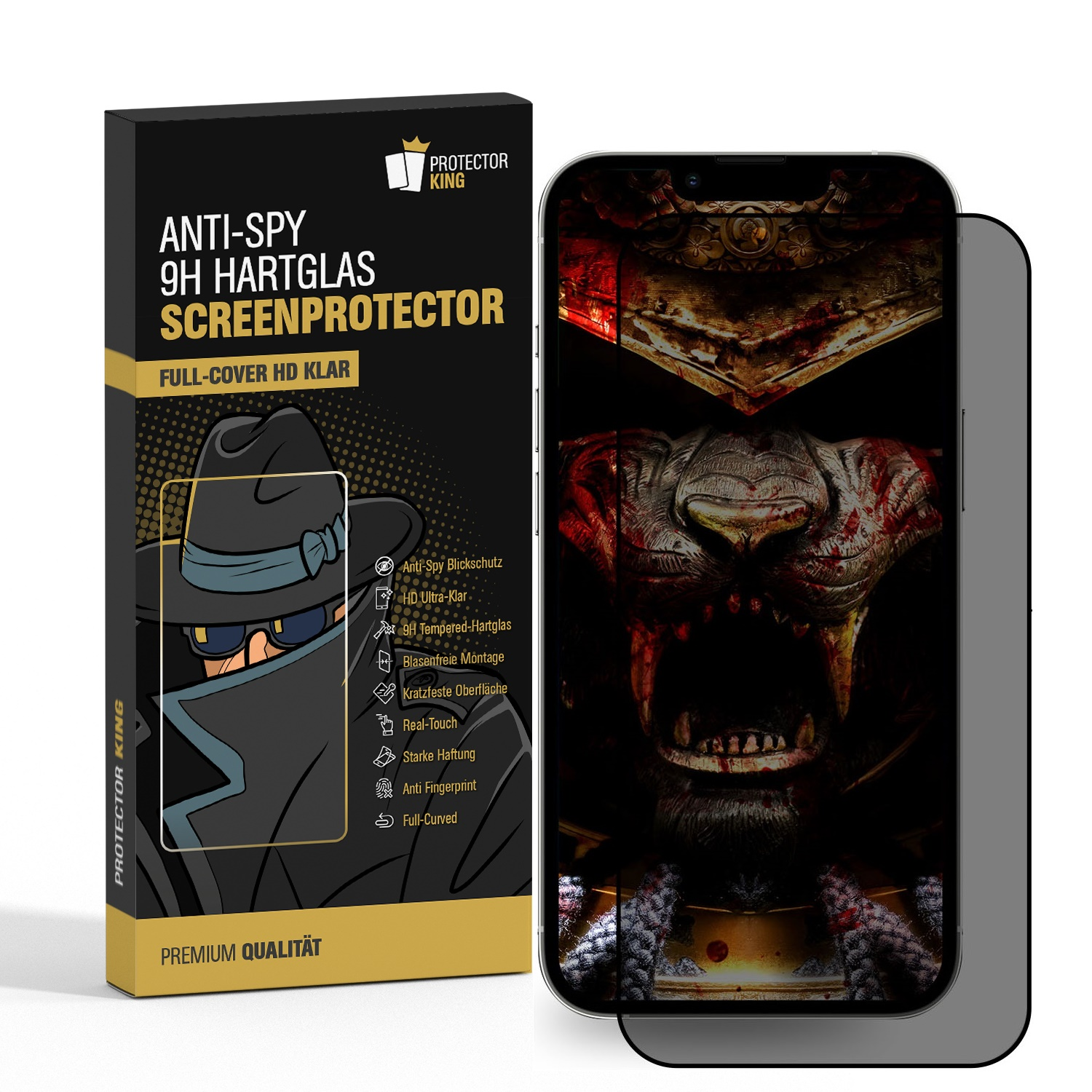 Schwarzes Telefon mit Displayschutz und Schachtel mit Text und Spionagegrafik.