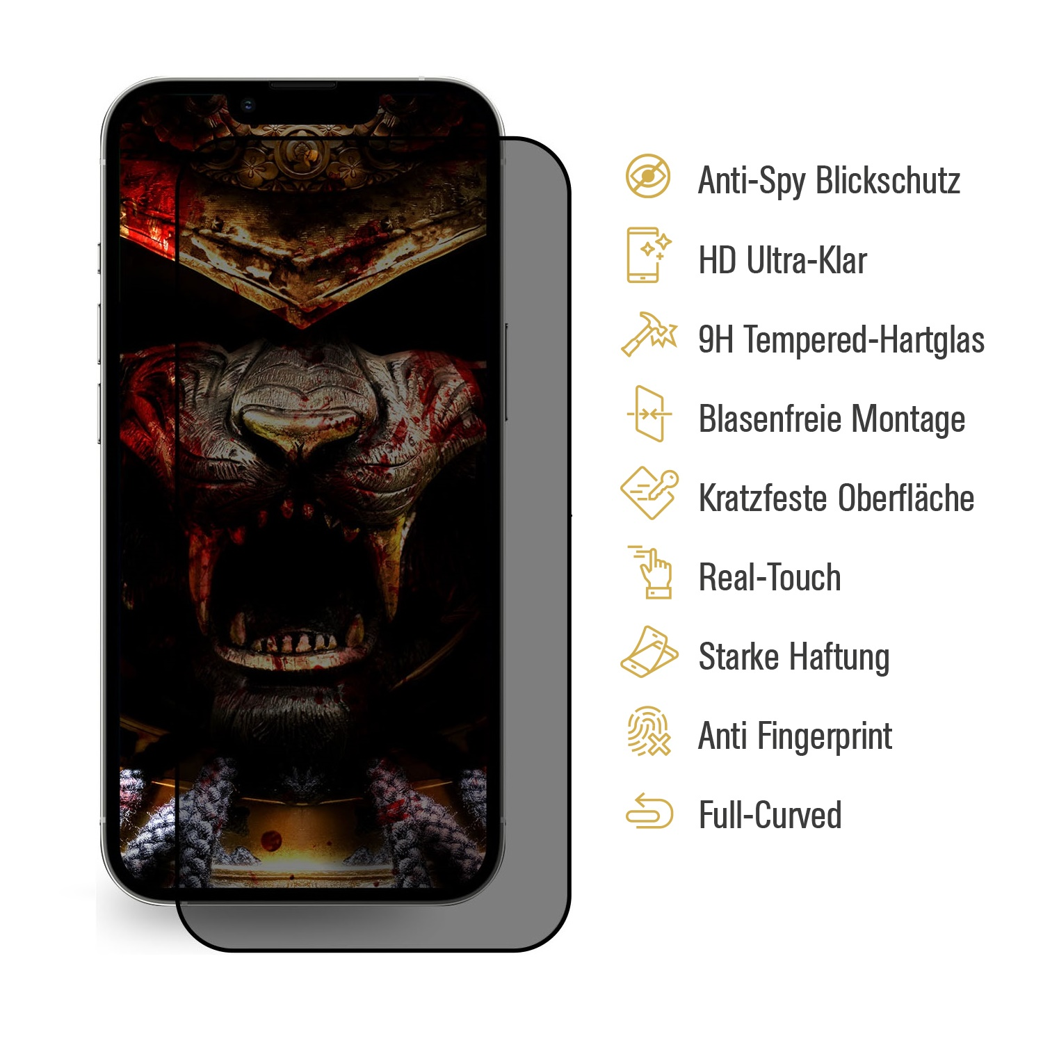 Schwarzes Smartphone mit Displayschutz. Bild eines Kriegers auf dem Display. Text über Schutz.