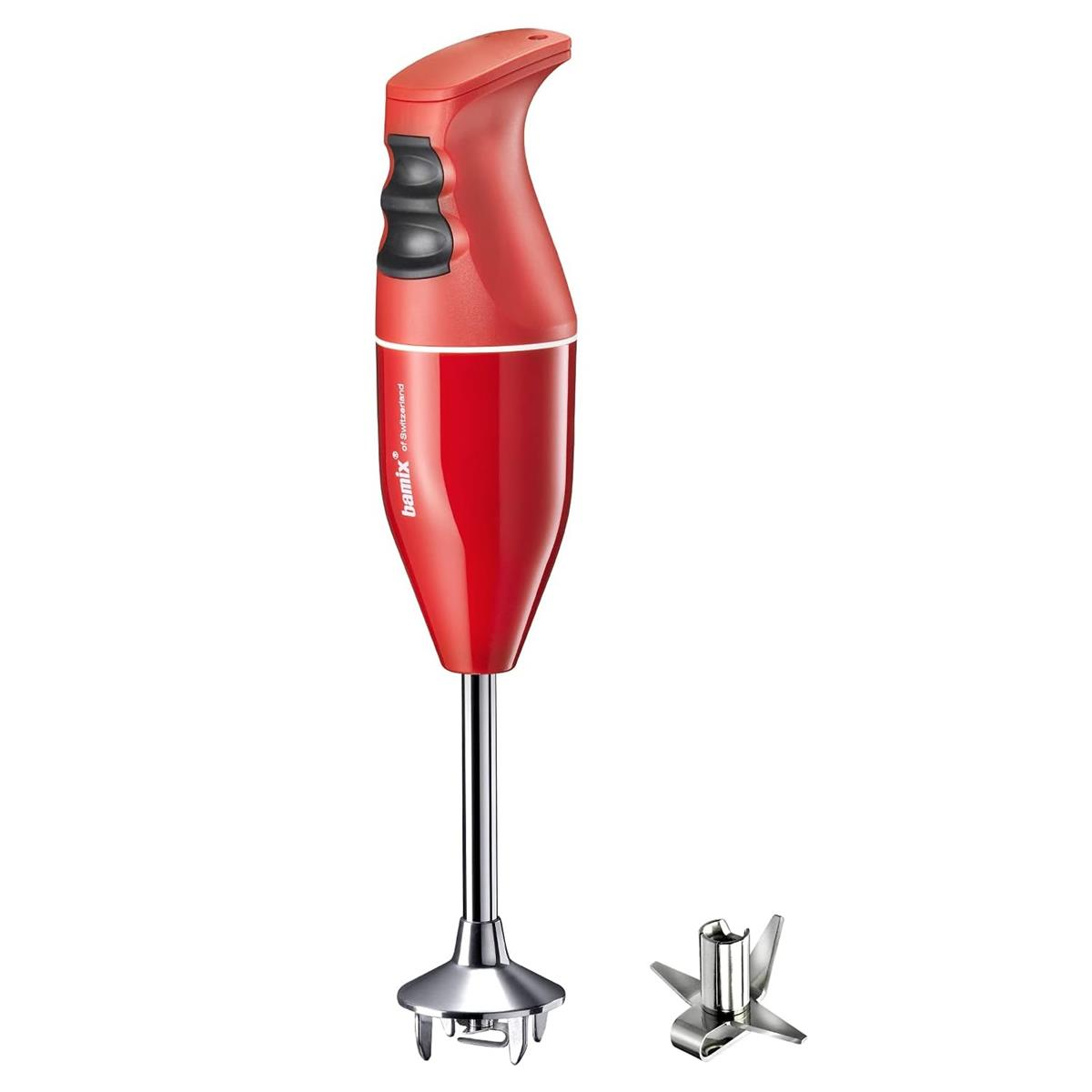 Czerwony blender ręczny ze srebrnym ostrzem i dodatkowym ostrzem.