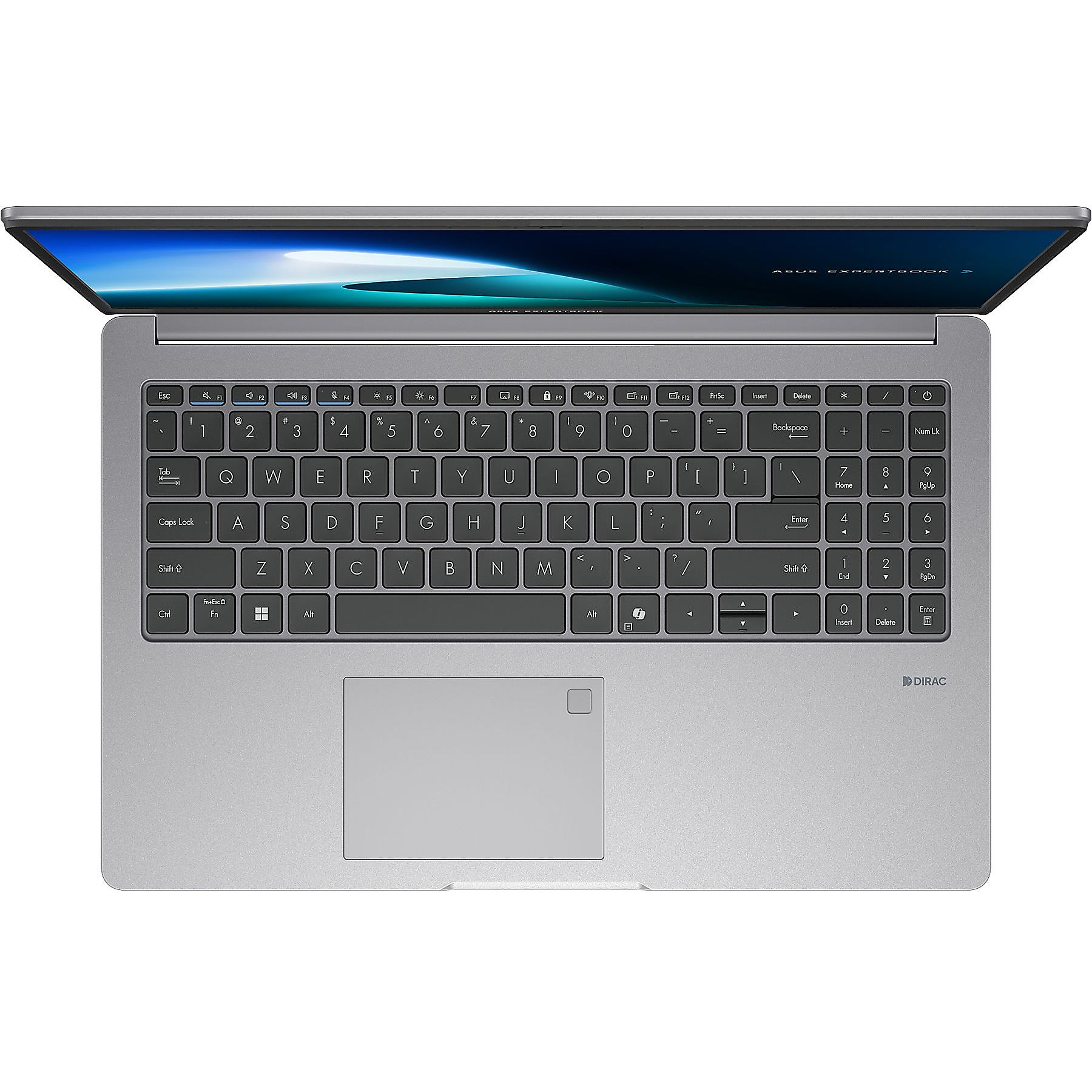 Un laptop con corpo, tastiera e trackpad grigi, visto dall'alto.