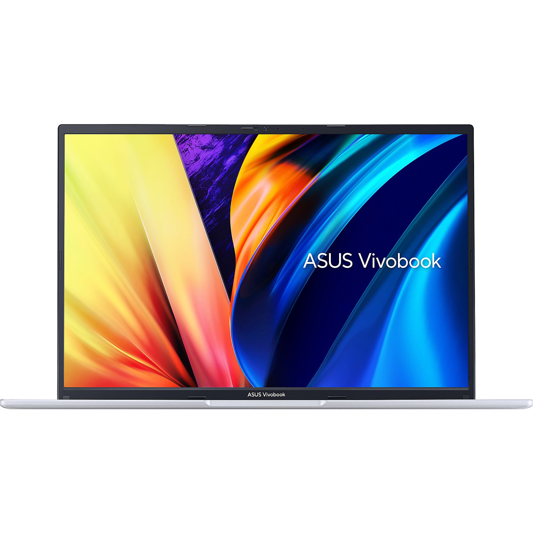 Un laptop argentato. Lo schermo mostra un design astratto colorato, con testo ASUS Vivobook.