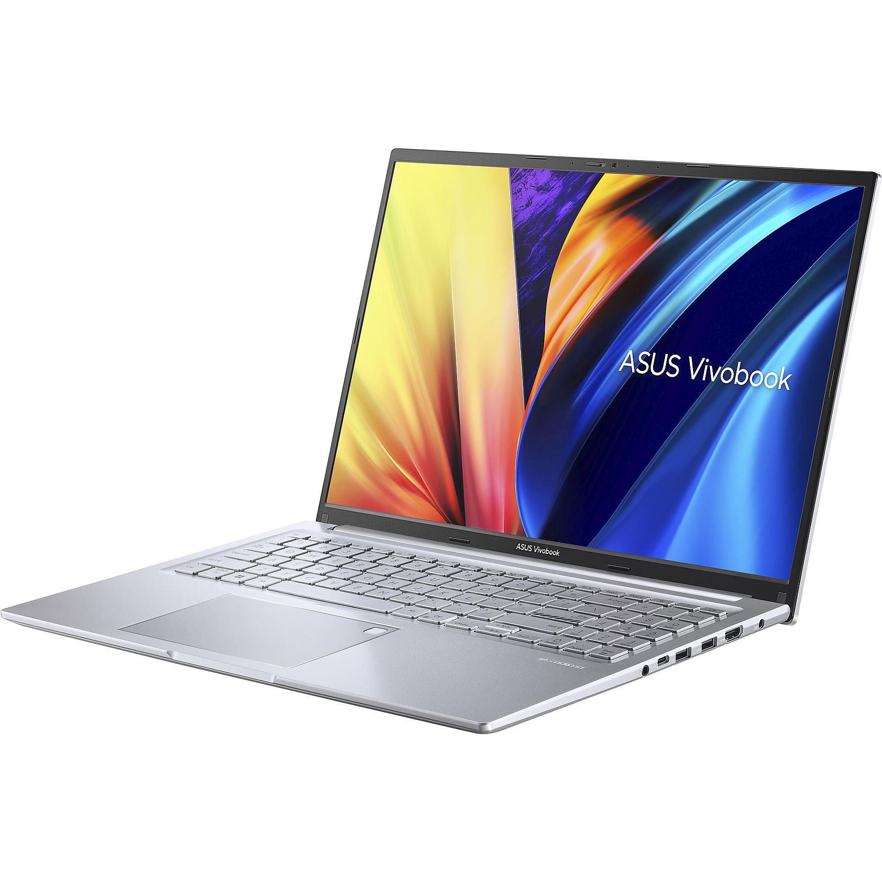 Laptop ASUS Vivobook argento aperto su una superficie bianca, che mostra lo schermo e la tastiera.