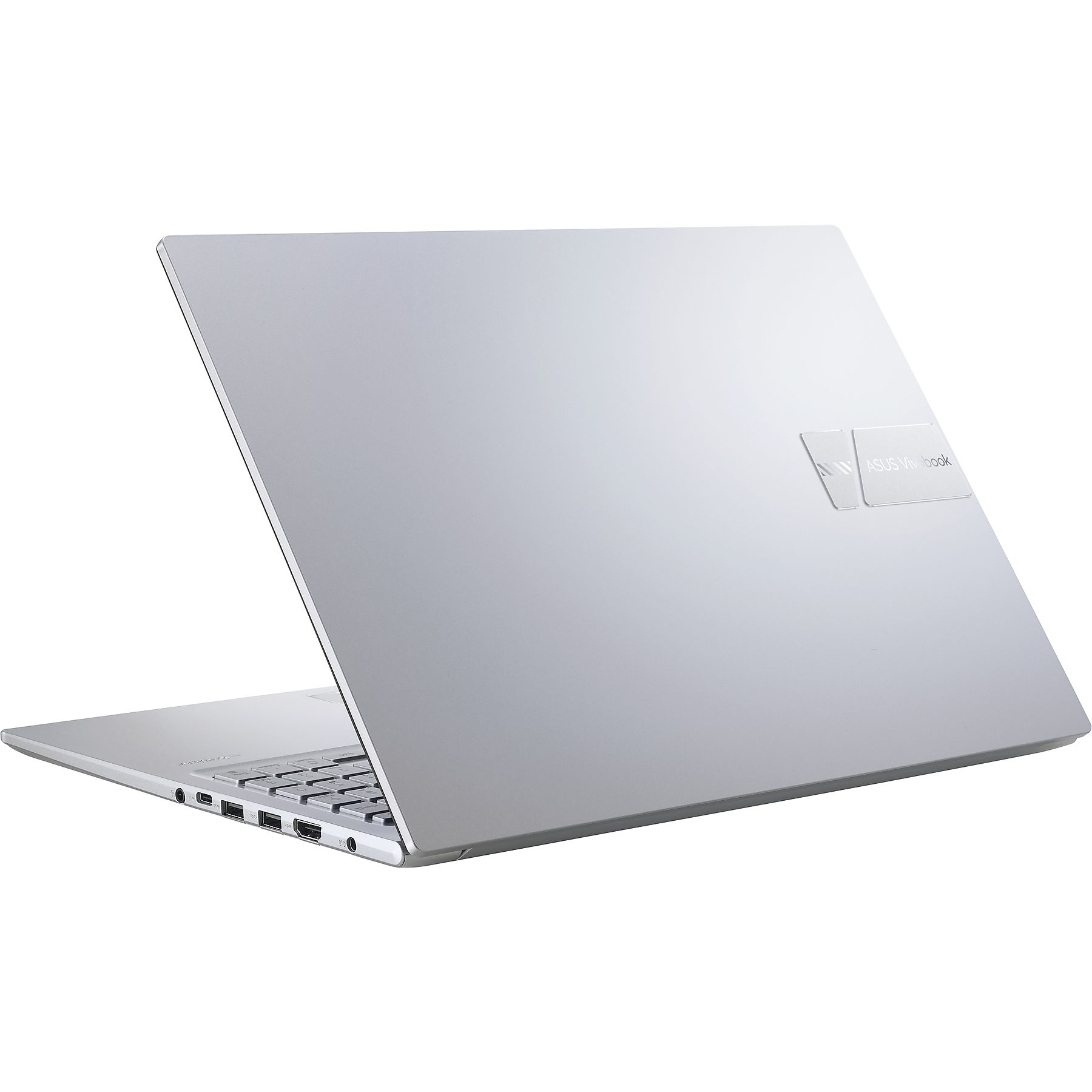 Un laptop ASUS argentato con la parte posteriore rivolta verso lo spettatore.