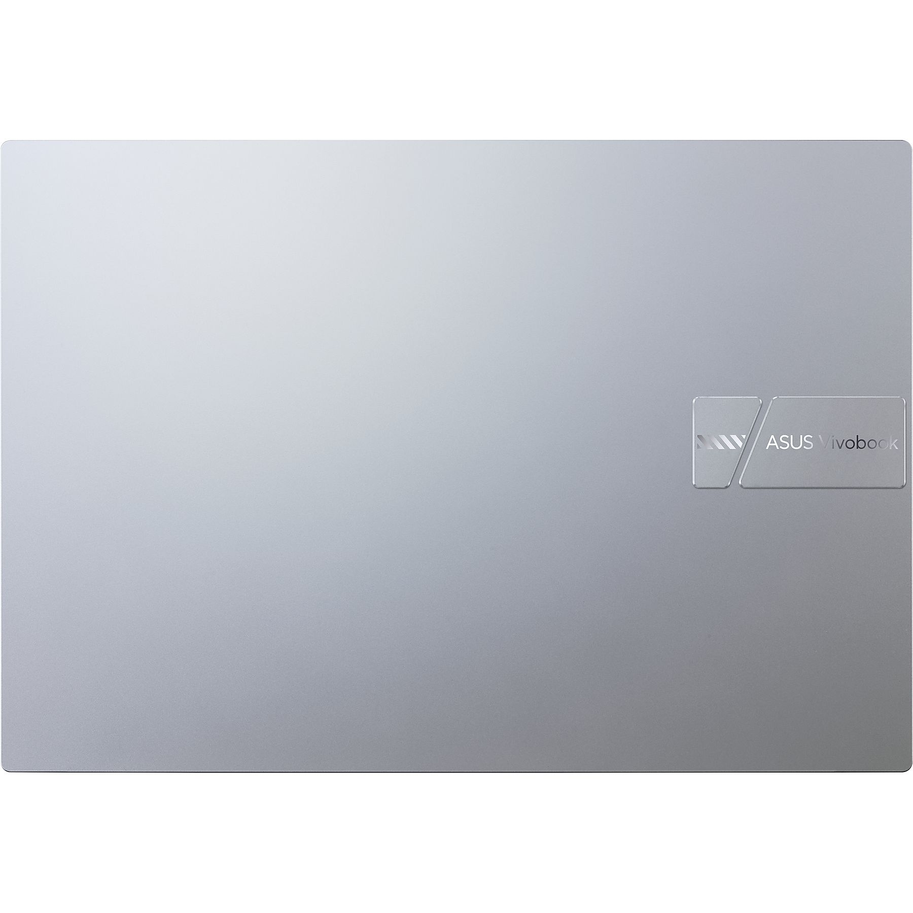 Laptop argentato con logo ASUS Vivobook in alto a destra. Sfondo bianco liscio.