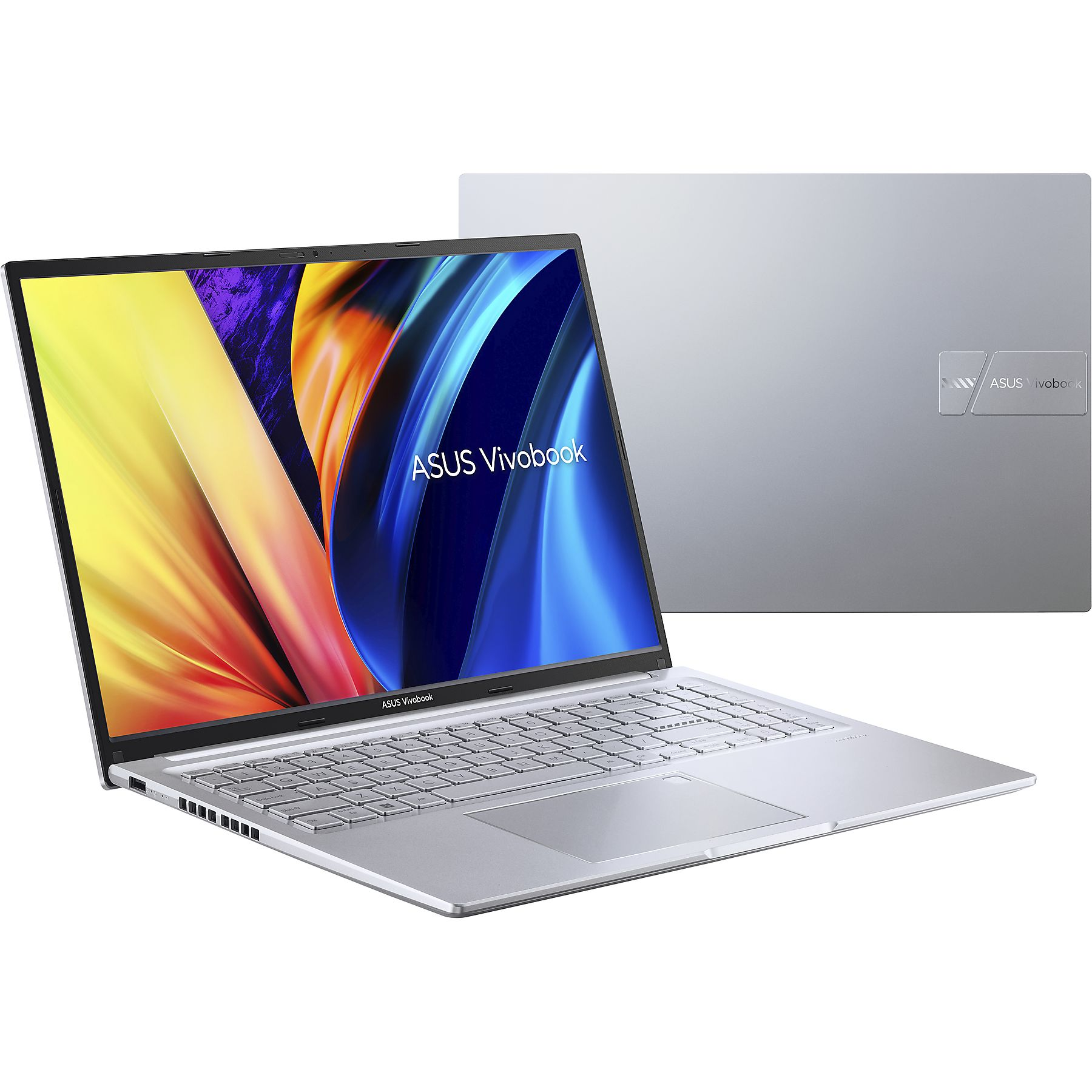 Un laptop argentato aperto, che mostra uno schermo colorato, con il retro visibile.