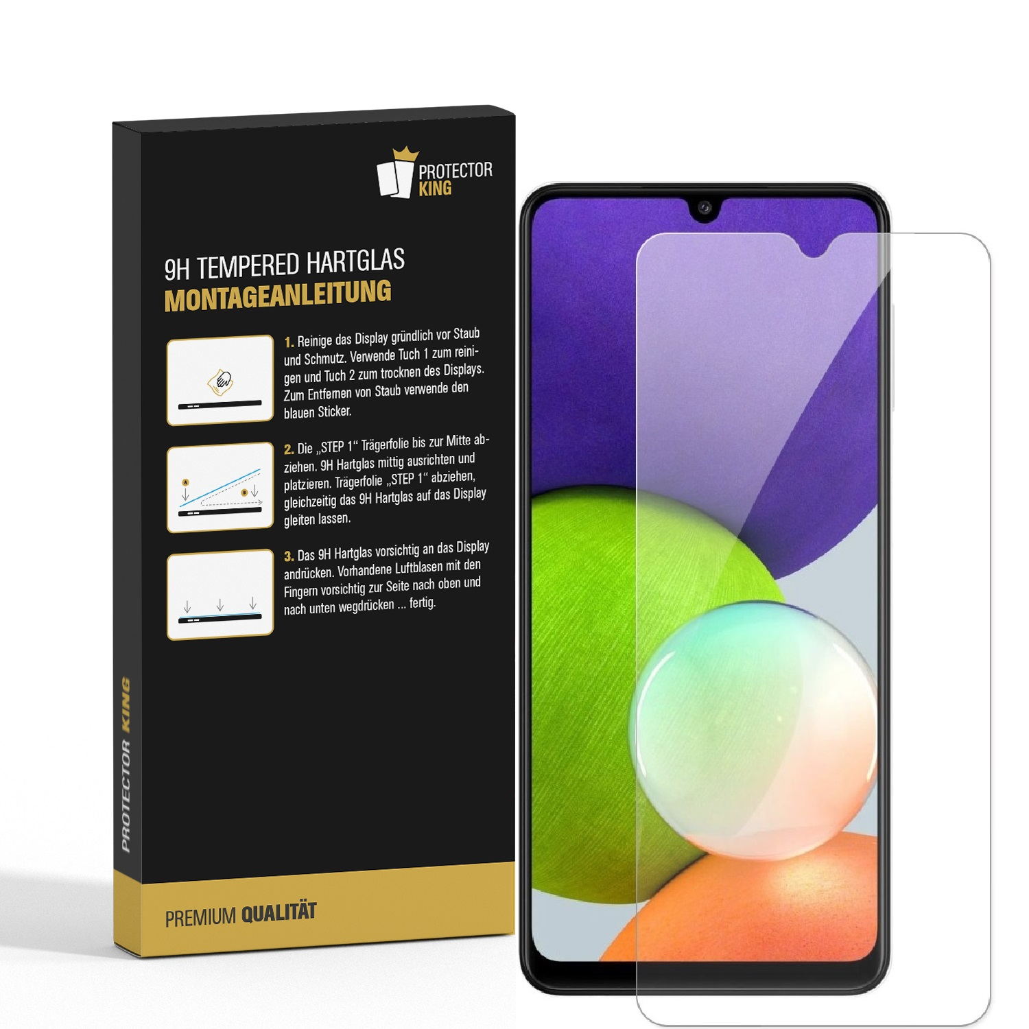 Schutzglas-Displayschutzfolie für ein Telefon, mit Schachtel und Anleitung.
