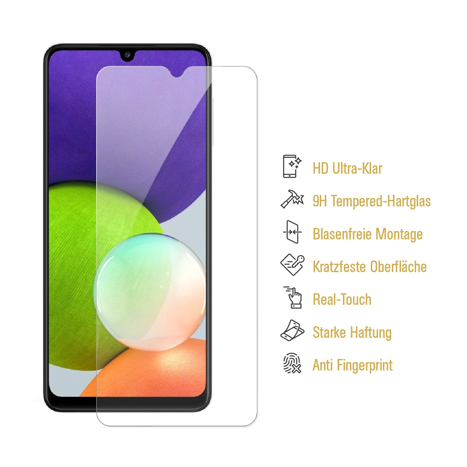 Displayschutzfolie über Smartphone. Text-Labels beschreiben Funktionen.