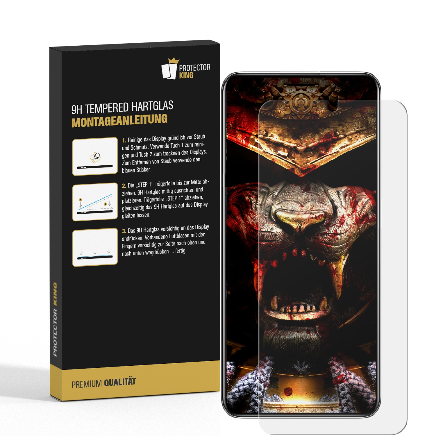 Schachtel mit gehärtetem Glas, Telefon mit angebrachter Displayschutzfolie und Anweisungen.