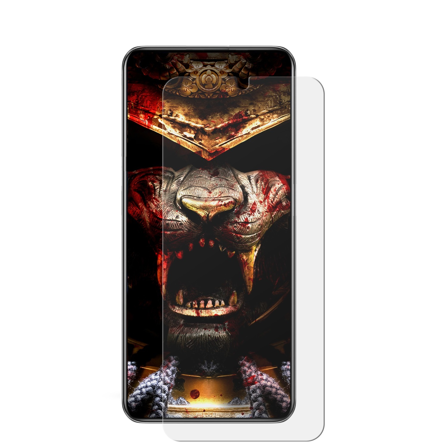 Smartphone mit Displayschutzfolie mit Löwengesicht mit Blut.
