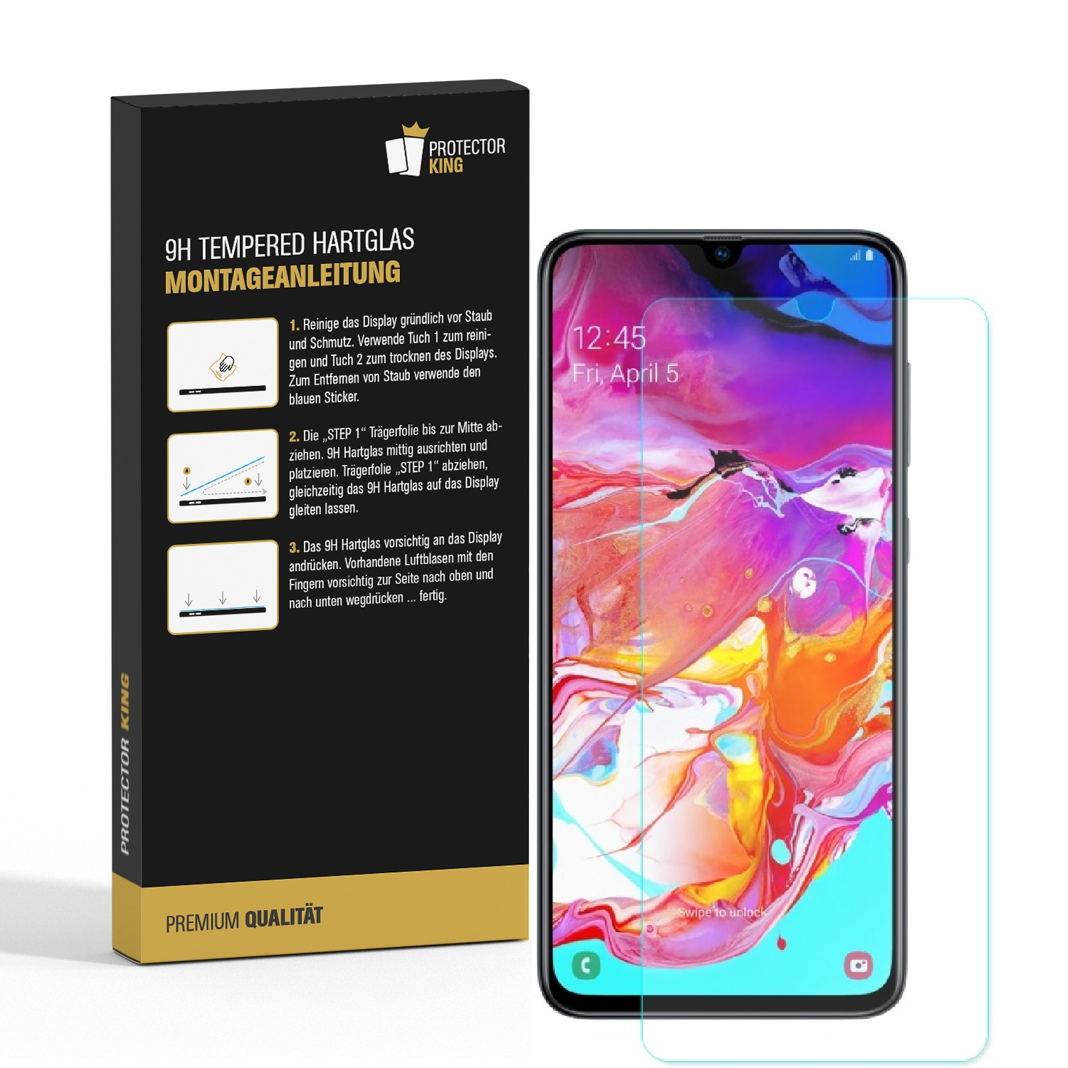Ein Smartphone mit Displayschutzfolie und einer Box mit Anweisungen. Text ist auf Deutsch.