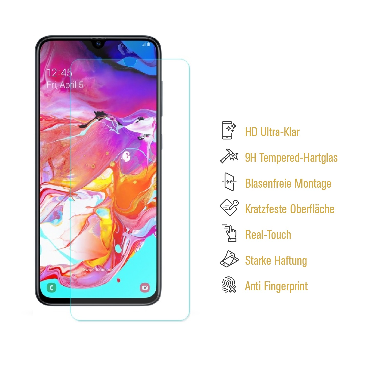 Ein Smartphone mit aufgebrachter Displayschutzfolie. Merkmale sind HD-Klarheit, Kratzfestigkeit und Anti-Fingerprint.
