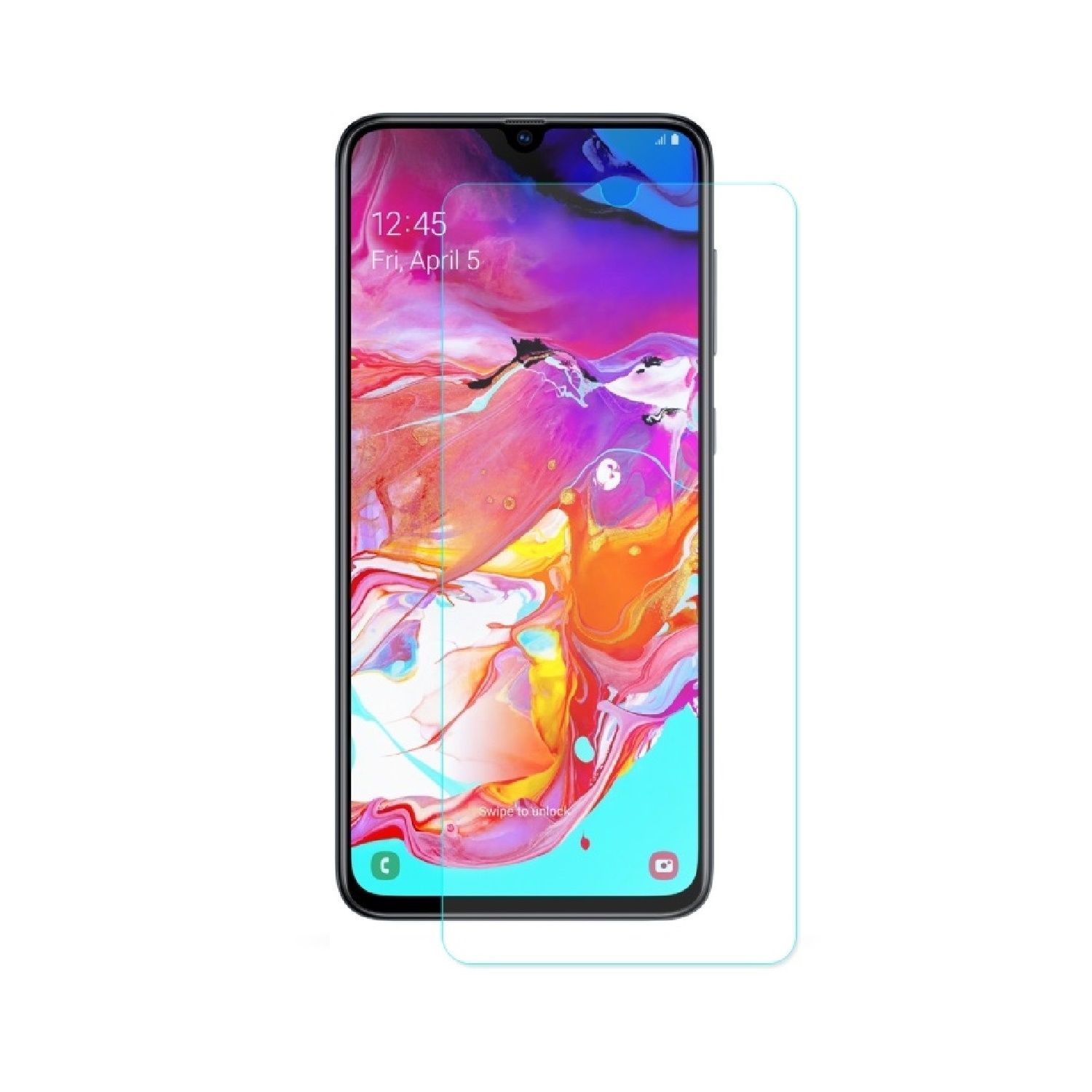 Smartphone mit Displayschutz. Der Bildschirm zeigt eine Benutzeroberfläche. Der Hintergrund ist weiß.