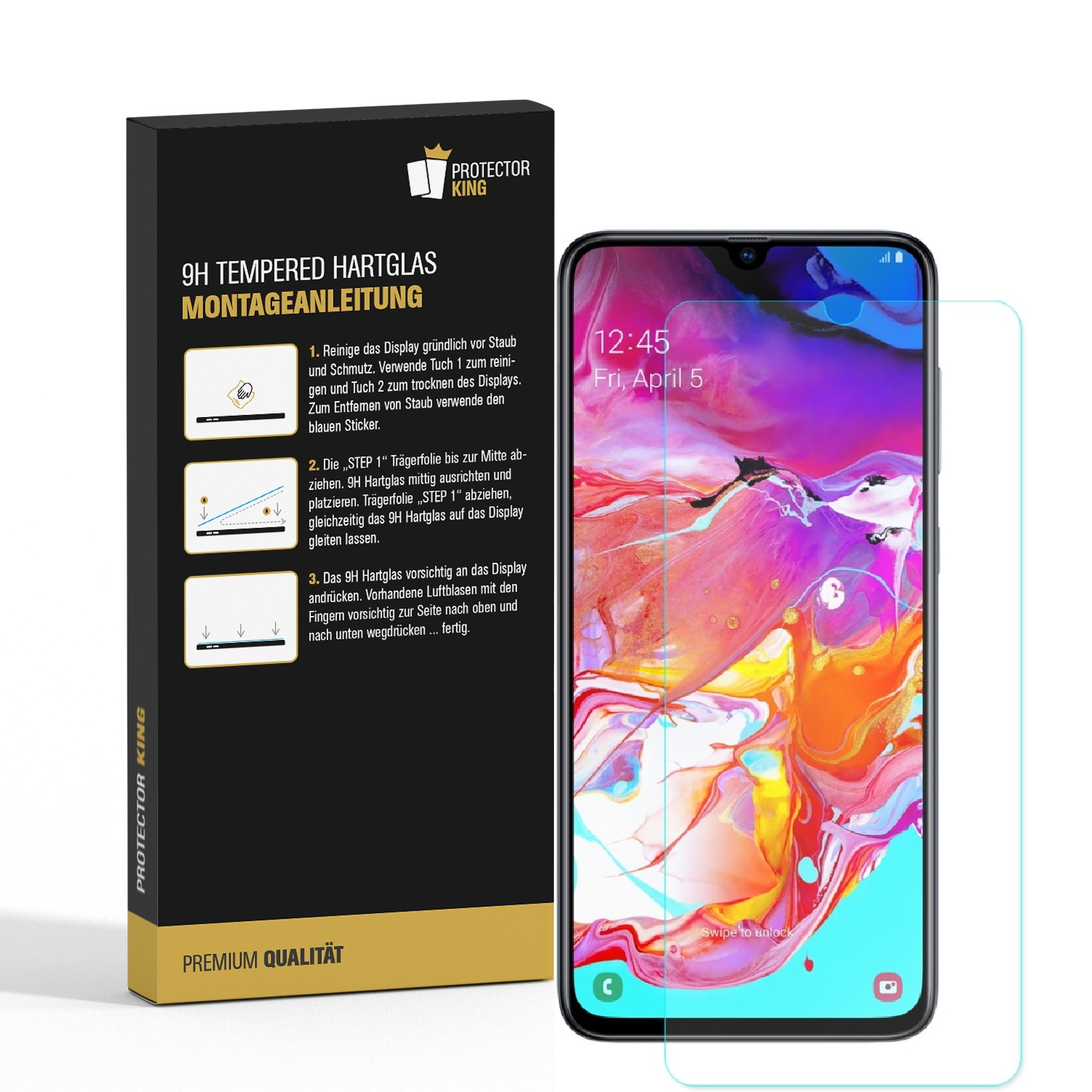 Ein Telefon mit Displayschutzfolie neben einer Box mit Anweisungen.