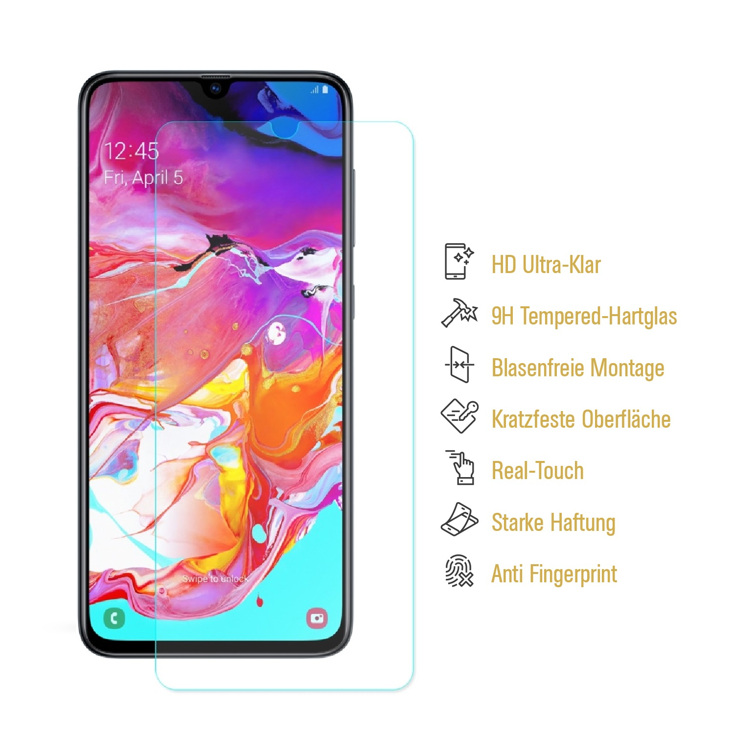 Ein Telefon mit aufgebrachter Displayschutzfolie. Zeigt Text zu Funktionen wie HD-Klarheit.