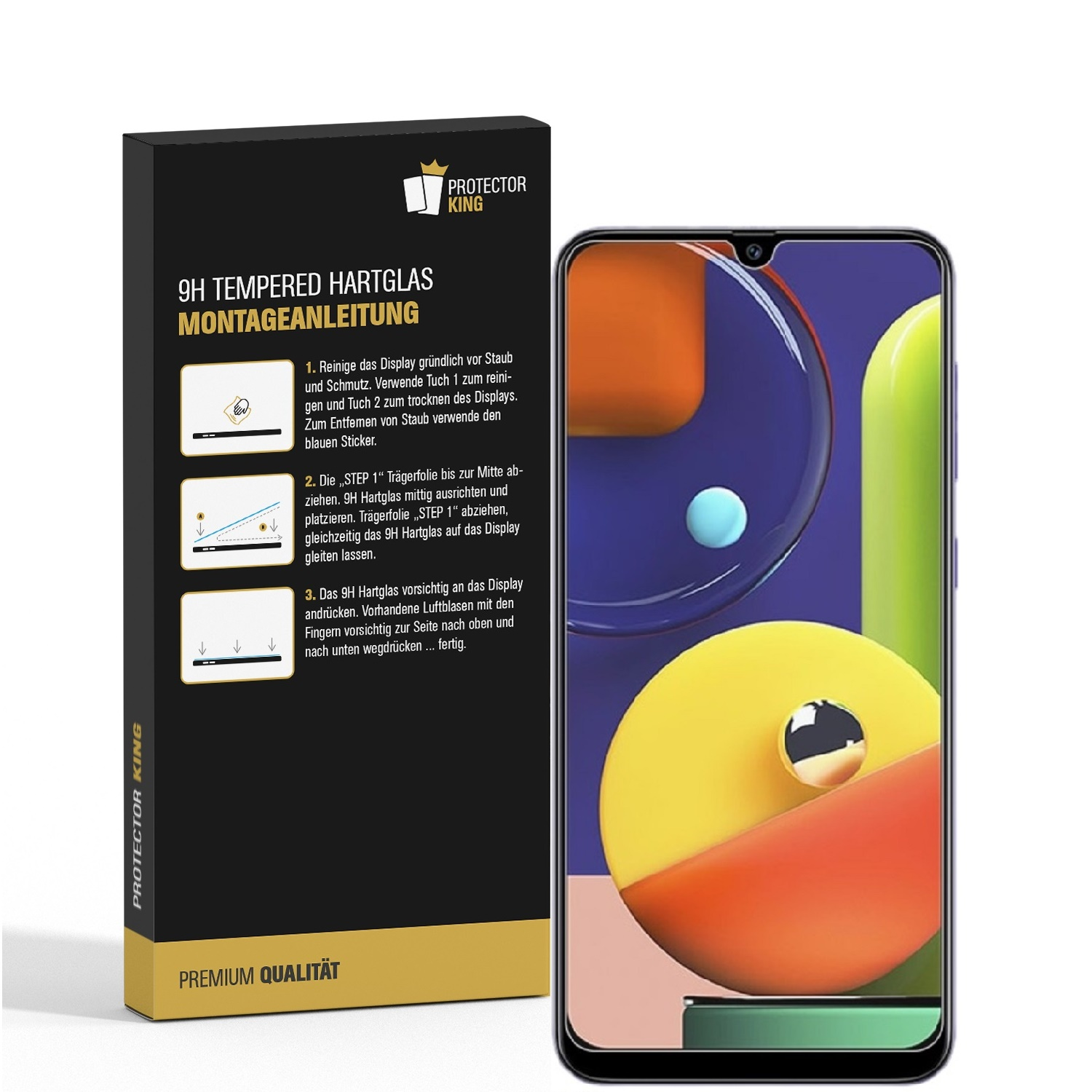 Ein Telefon und seine Displayschutzfolienbox. Anweisungen und ein Telefon auf weißer Oberfläche.