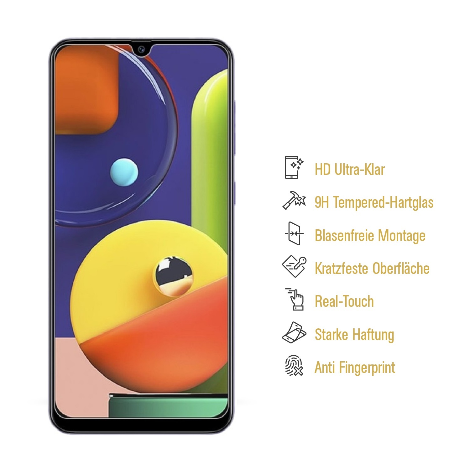 Smartphone mit Displayschutz, zeigt Symbole für Funktionen wie HD, 9H Glas und mehr.