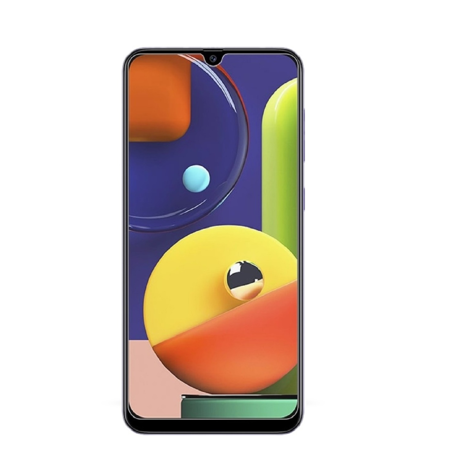 Ein Smartphone-Bildschirm mit bunten abstrakten Formen und einer Tropfenkerbe.