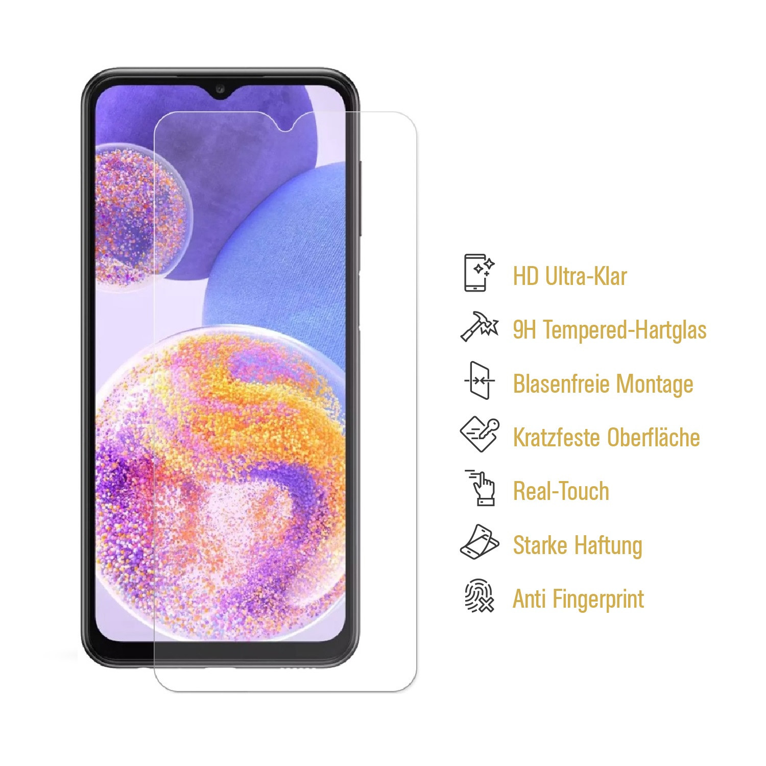 Smartphone mit Displayschutzfolie, mit Symbolen für HD, Kratzfestigkeit und mehr.