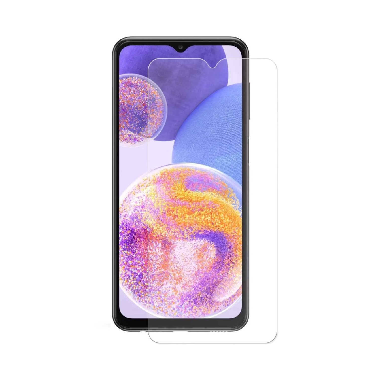 Schwarzes Smartphone mit aufgebrachter Displayschutzfolie, zeigt farbenfrohe, abstrakte Formen.