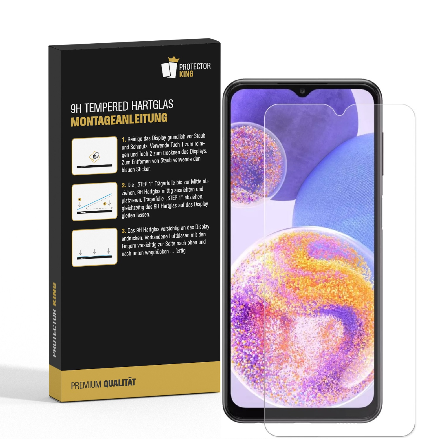 Verpackung für Displayschutzfolie und ein Telefon mit angebrachter Schutzfolie.