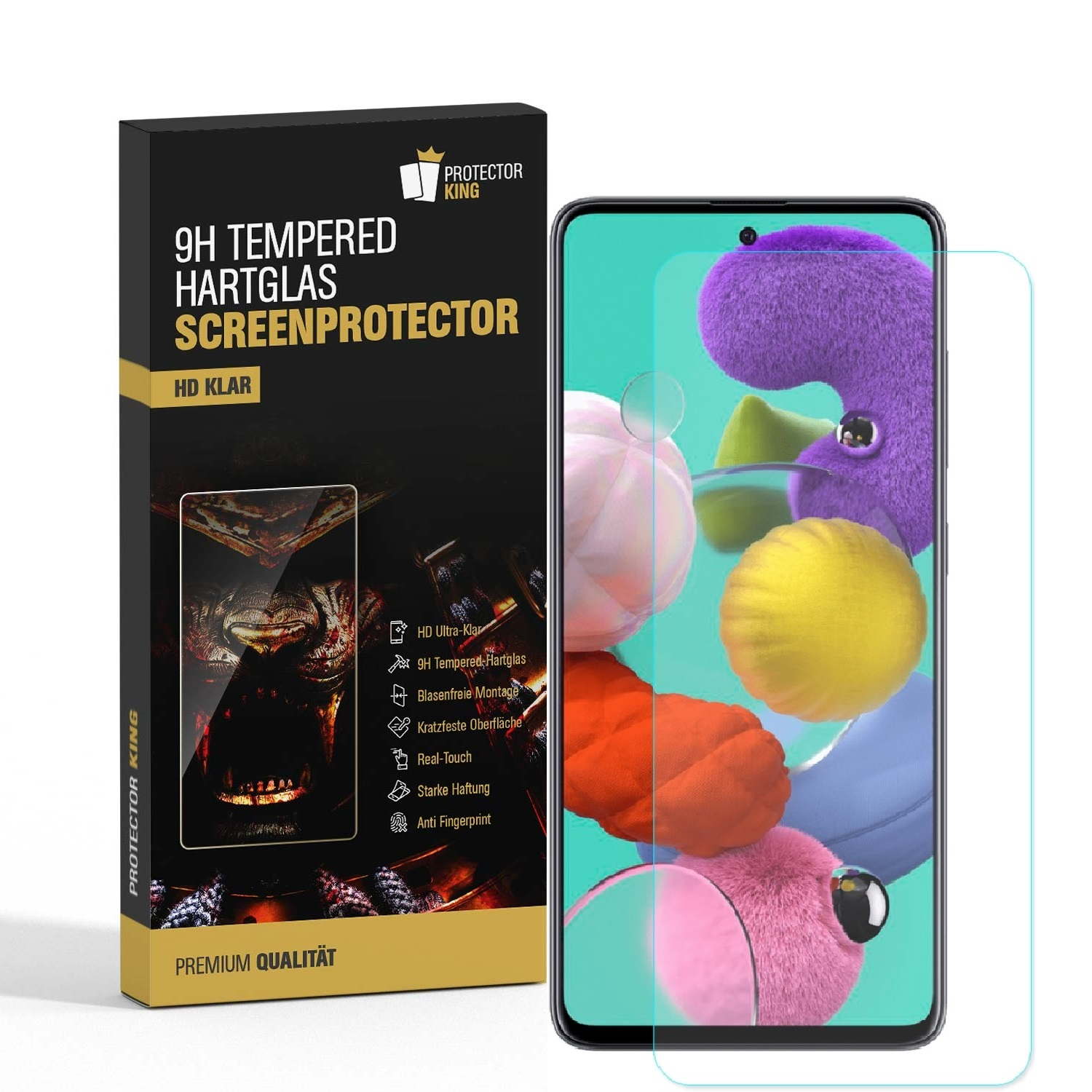 Telefon mit Displayschutz und Box. Das Telefon hat einen bunten, abstrakten Hintergrund.