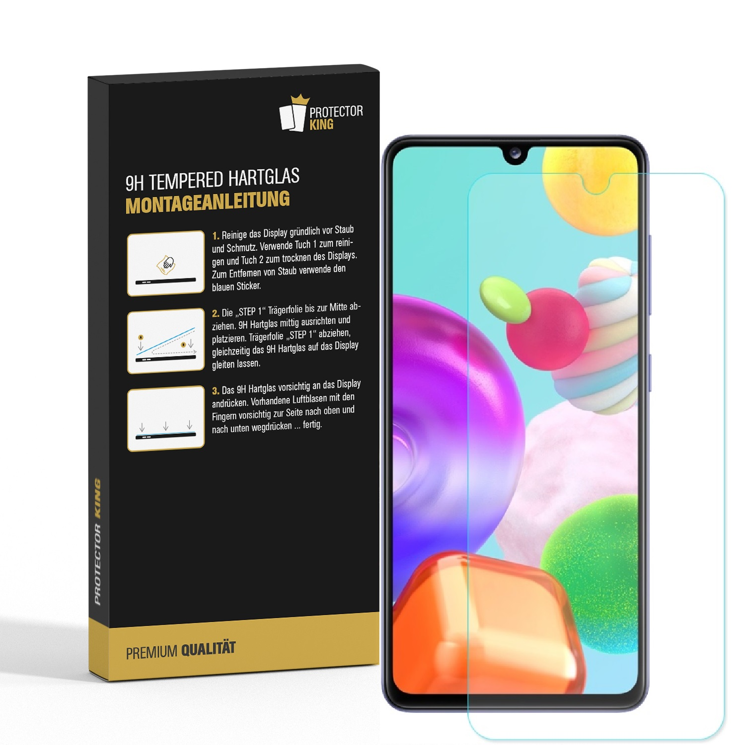 Verpackung mit Displayschutzfolie und Handy, mit Anweisungen und Handy-Display.