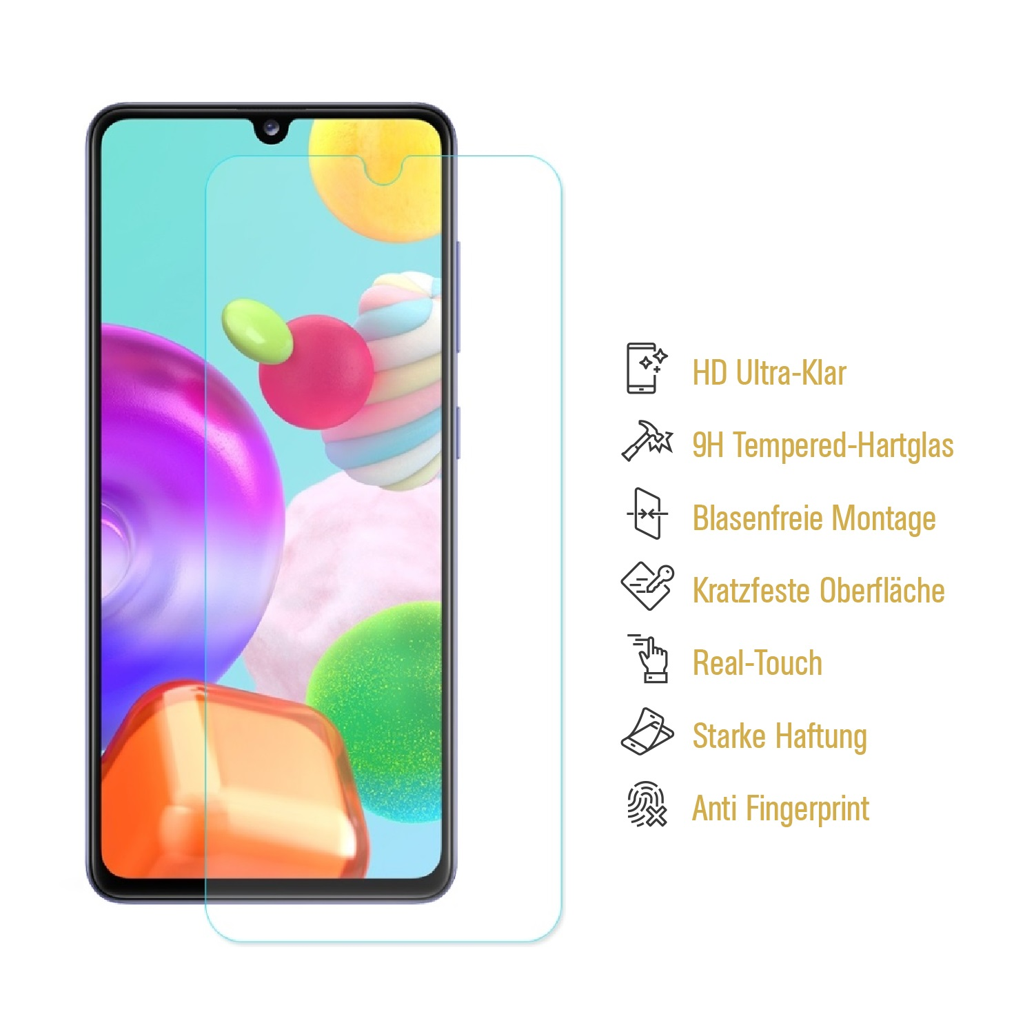 Ein Smartphone mit Displayschutz und Symbolen, die Funktionen anzeigen, vor weißem Hintergrund.